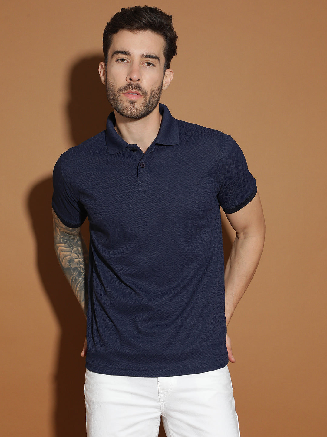 Dryfit Polyester Jacquard Textured Polo Neck Half Sleeve T-Shirt