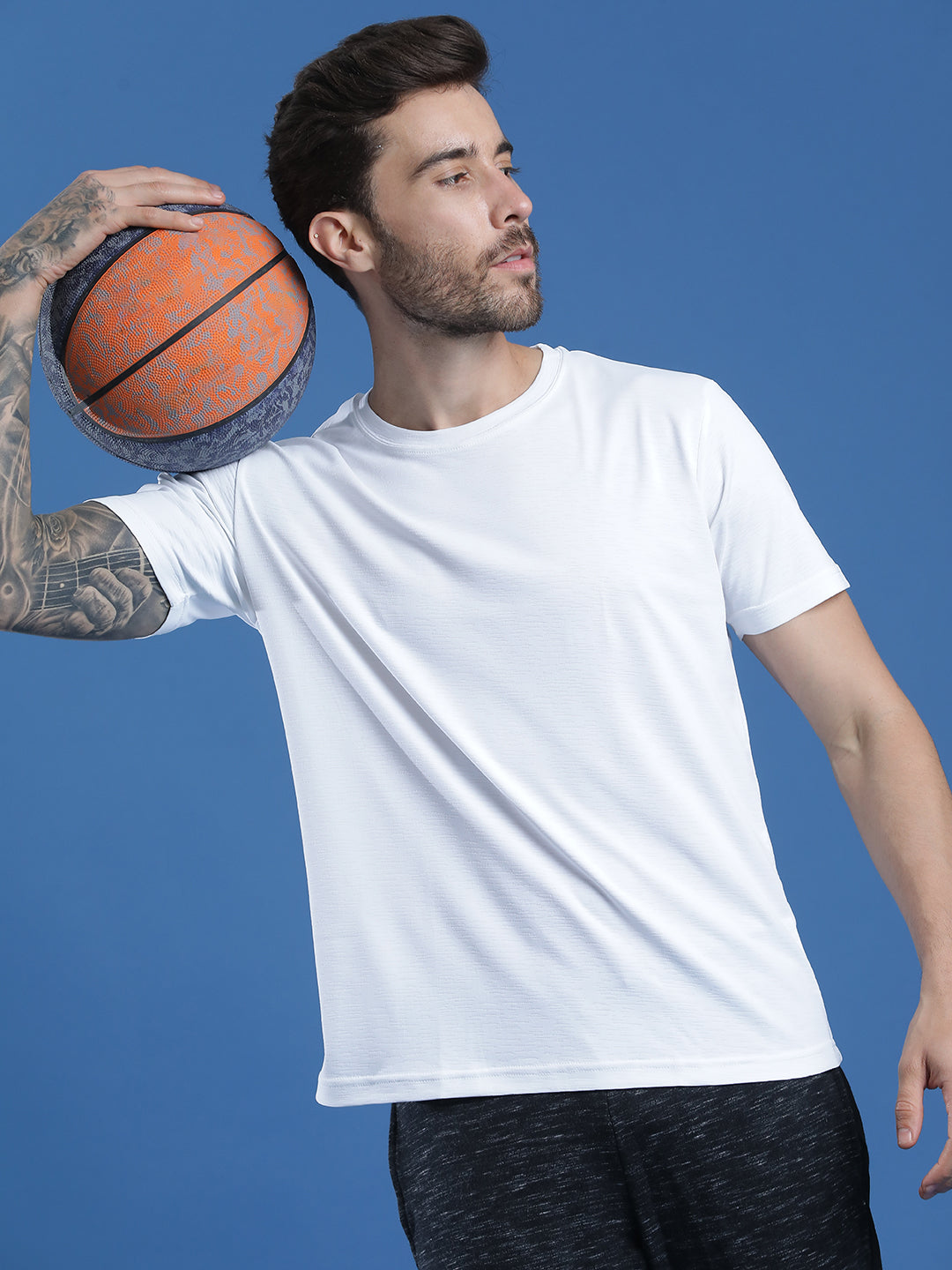 Polyester Lycra Jacquard Textured Round Neck Slim Fit Half Sleeve T-Shirt
