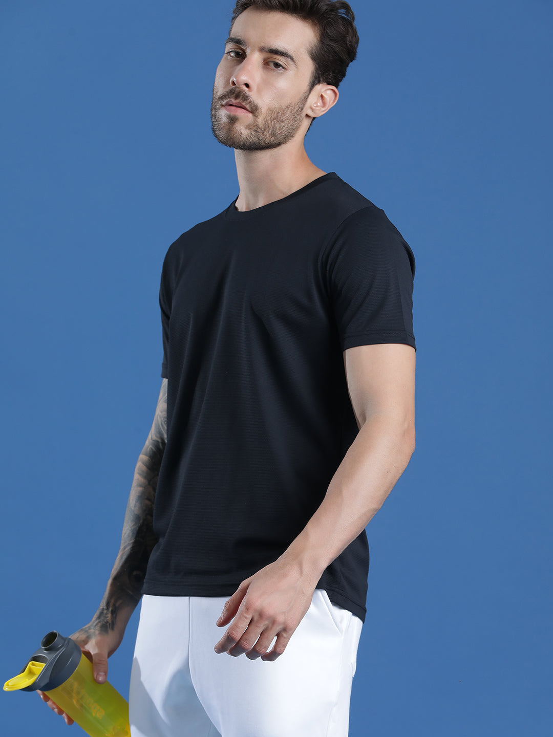 Polyester Jacquard Textured Round Neck Slim Fit Half Sleeve T-Shirt