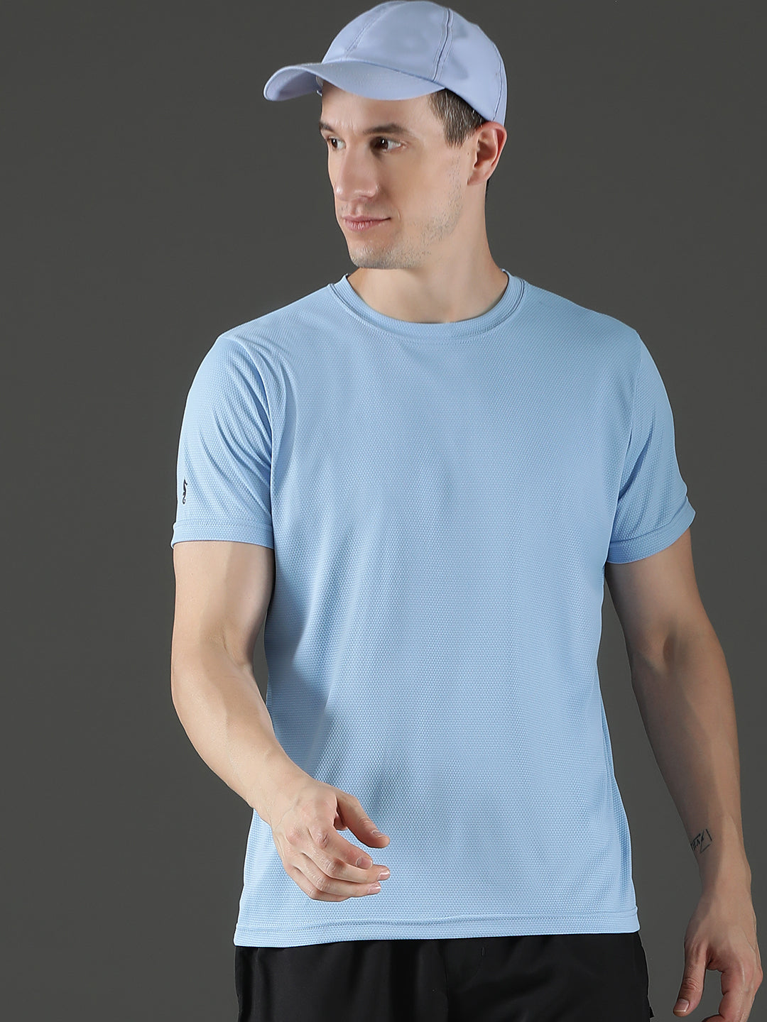 Polyester Jacquard Textured Round Neck Slim Fit Half Sleeve T-Shirt