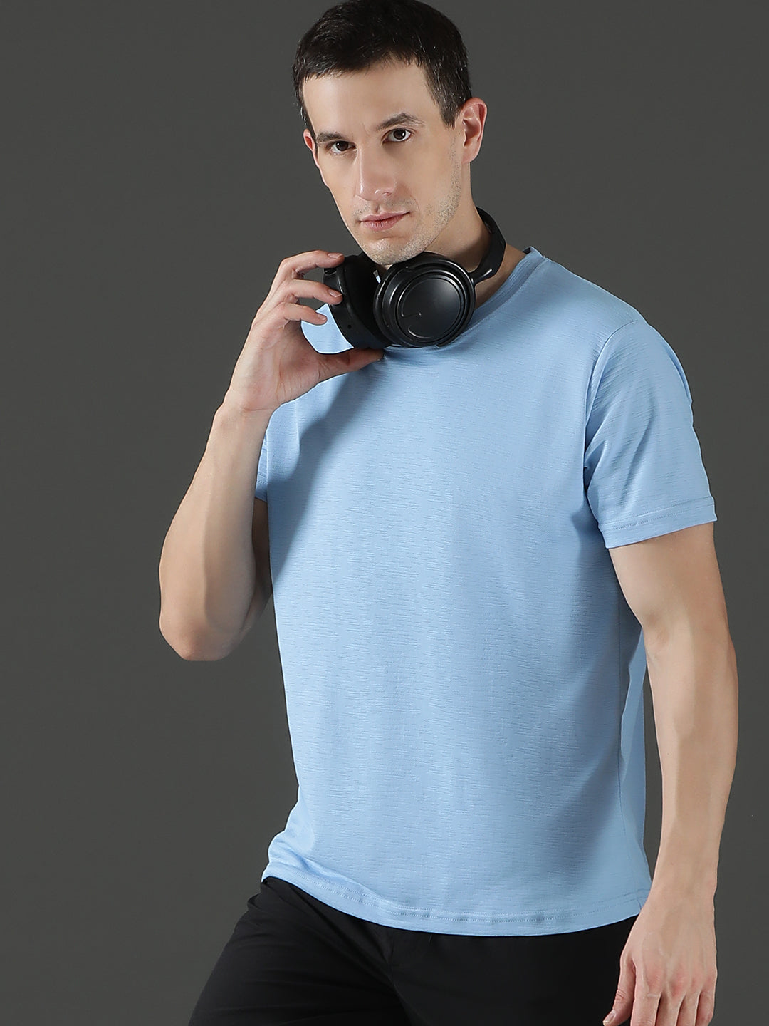 Polyester Lycra Jacquard Textured Round Neck Slim Fit Half Sleeve T-Shirt