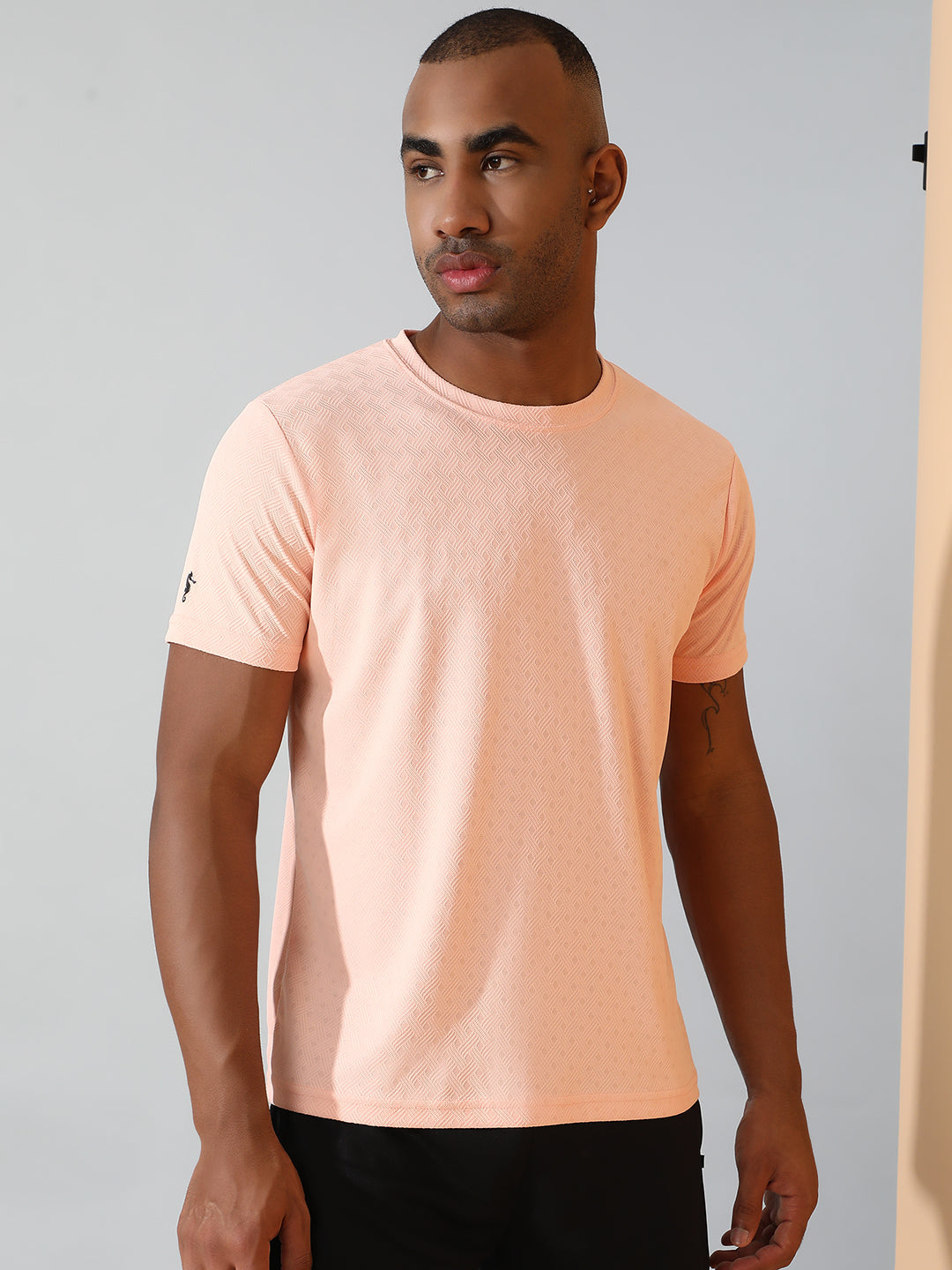 Polyester Jacquard Textured Round Neck Slim Fit Half Sleeve T-Shirt