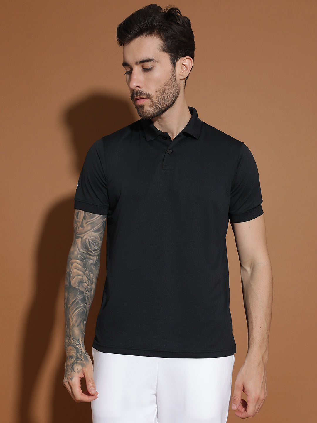 Dryfit Micro Polyester Textured Polo Neck Slim Fit Half Sleeve T-Shirt