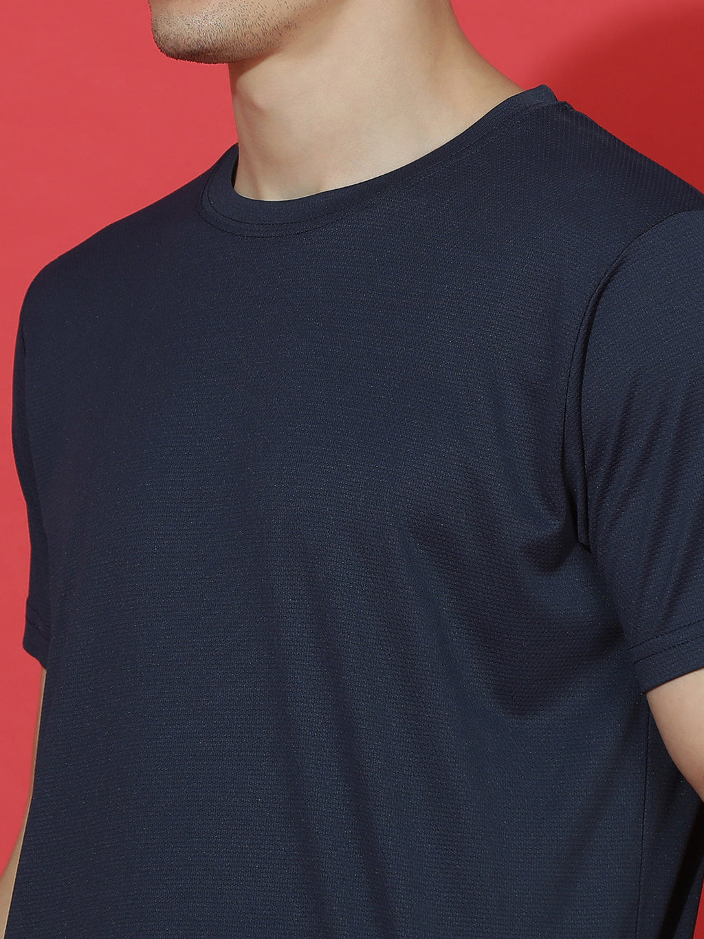 Polyester Jacquard Textured Round Neck Slim Fit Half Sleeve T-Shirt