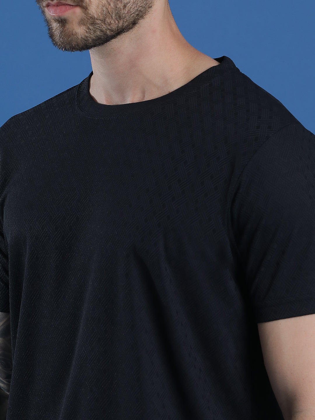 Polyester Jacquard Textured Round Neck Slim Fit Half Sleeve T-Shirt