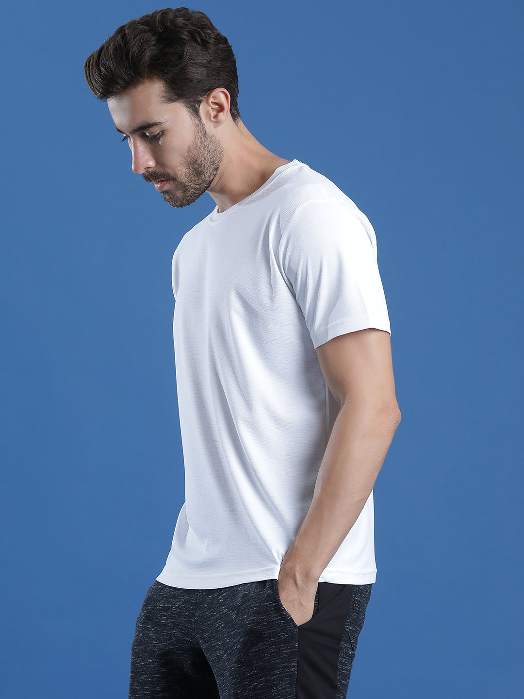 Polyester Lycra Jacquard Textured Round Neck Slim Fit Half Sleeve T-Shirt