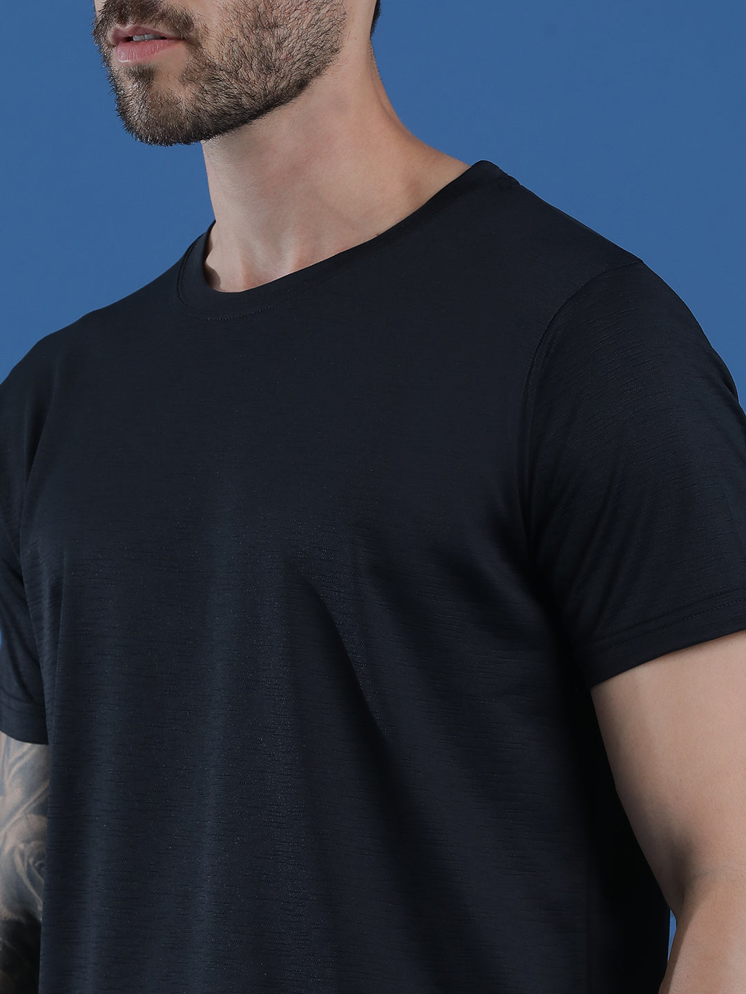 Polyester Lycra Jacquard Textured Round Neck Slim Fit Half Sleeve T-Shirt