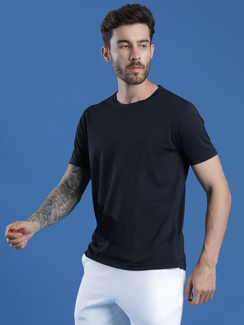 Polyester Jacquard Textured Round Neck Slim Fit Half Sleeve T-Shirt