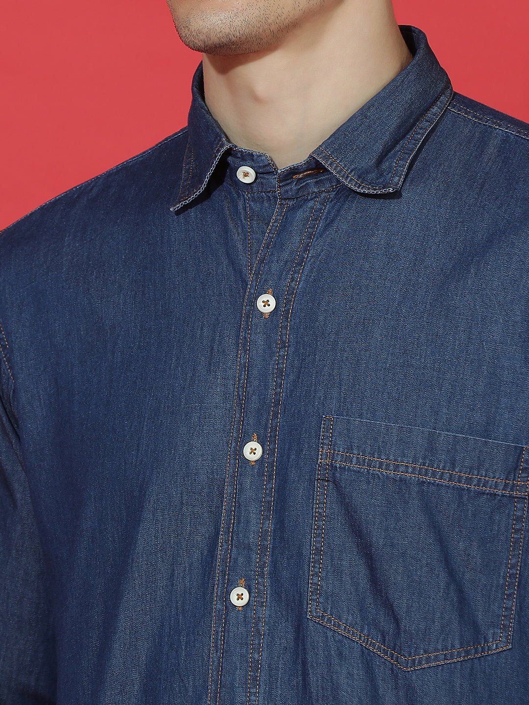 Denim Regular Fit Full Sleeve Cutaway Collar Casual Shirt
