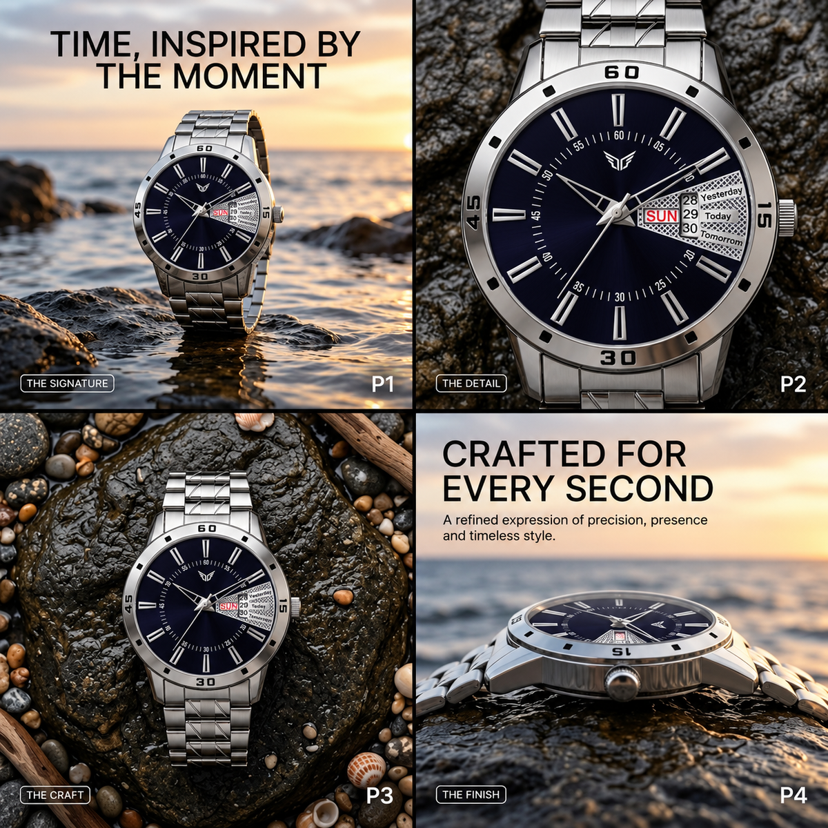 Men’s Premium Blue Sunburst Dial Stainless Steel Analog Watch- AB42