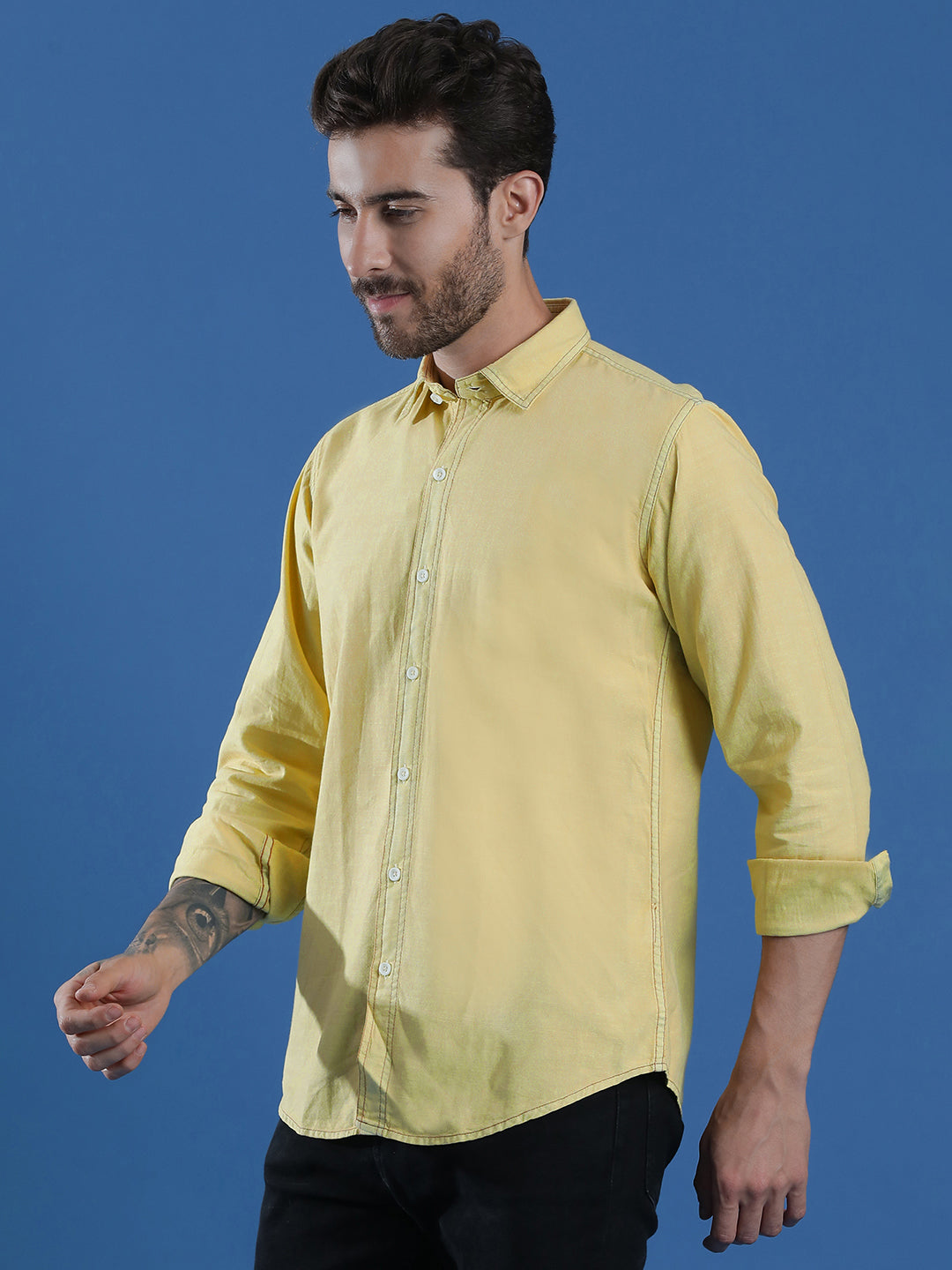 Denim Regular Fit Full Sleeve Cutaway Collar Casual Shirt