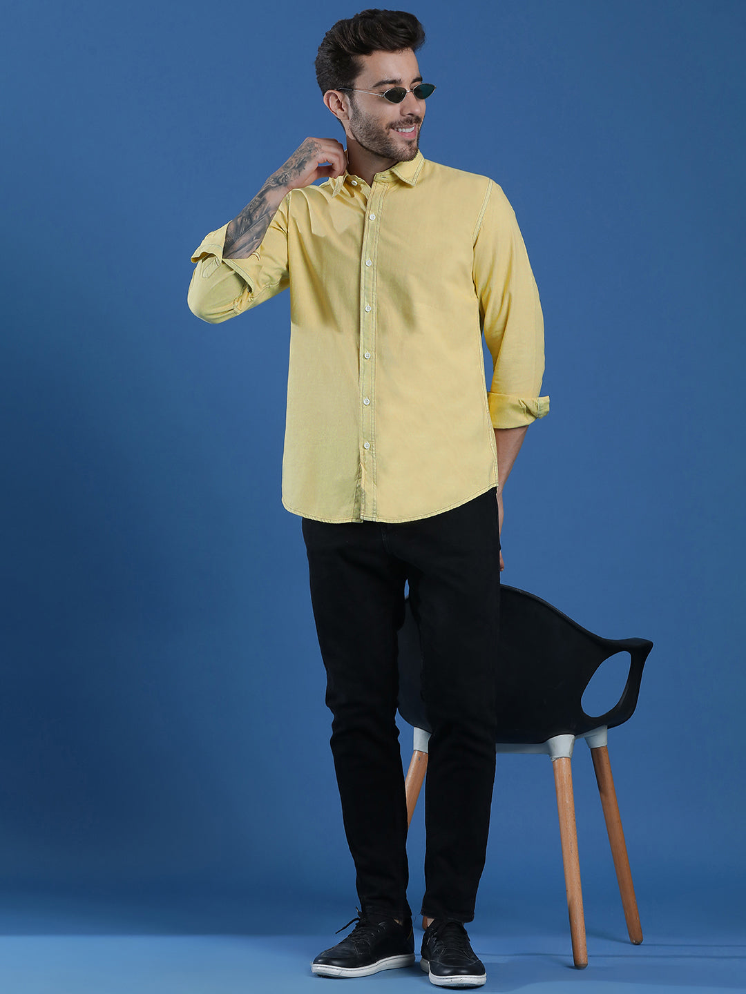 Denim Regular Fit Full Sleeve Cutaway Collar Casual Shirt