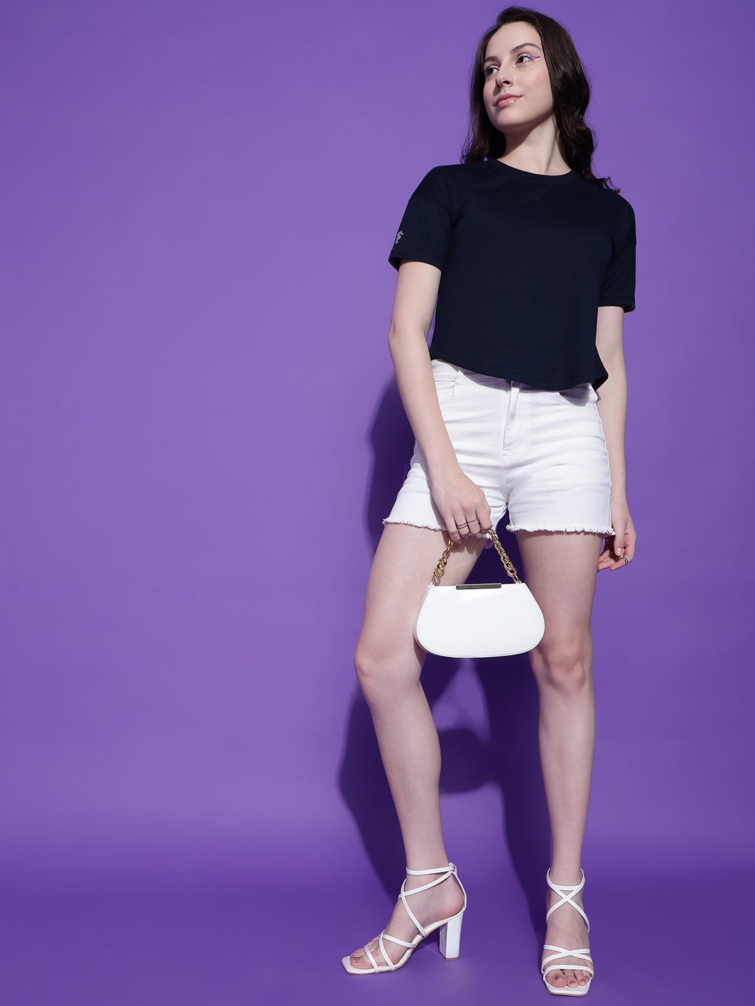 Round Neck Drop Shoulder Crop Top Half Sleeves T-shirt