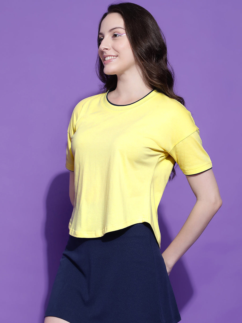 Round Neck Drop Shoulder Crop Top Half Sleeves T-shirt