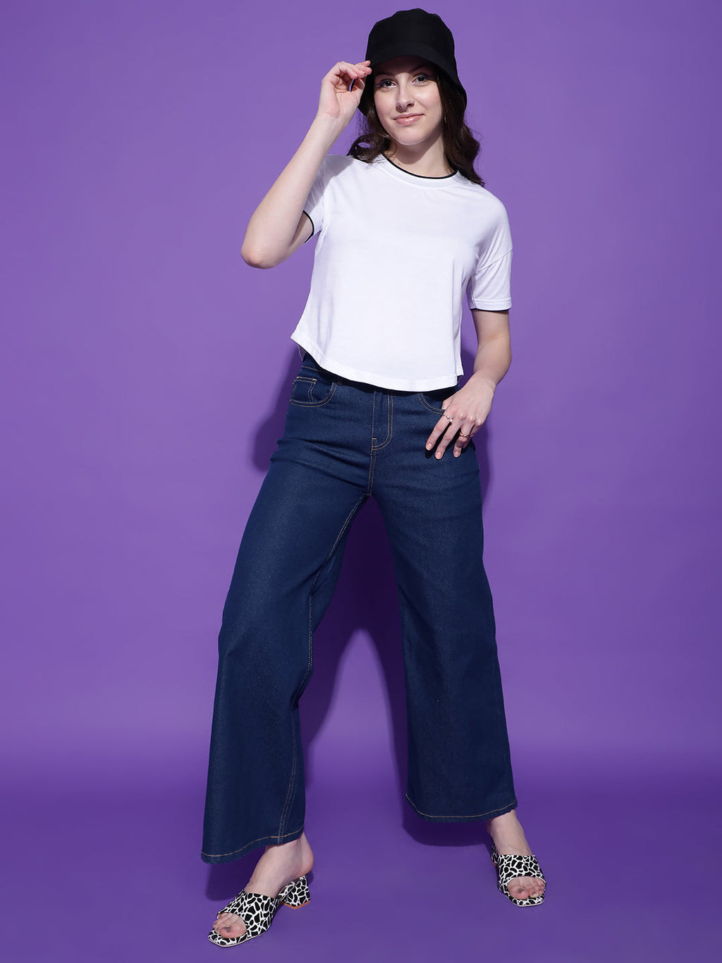 Round Neck Drop Shoulder Crop Top Half Sleeves T-shirt