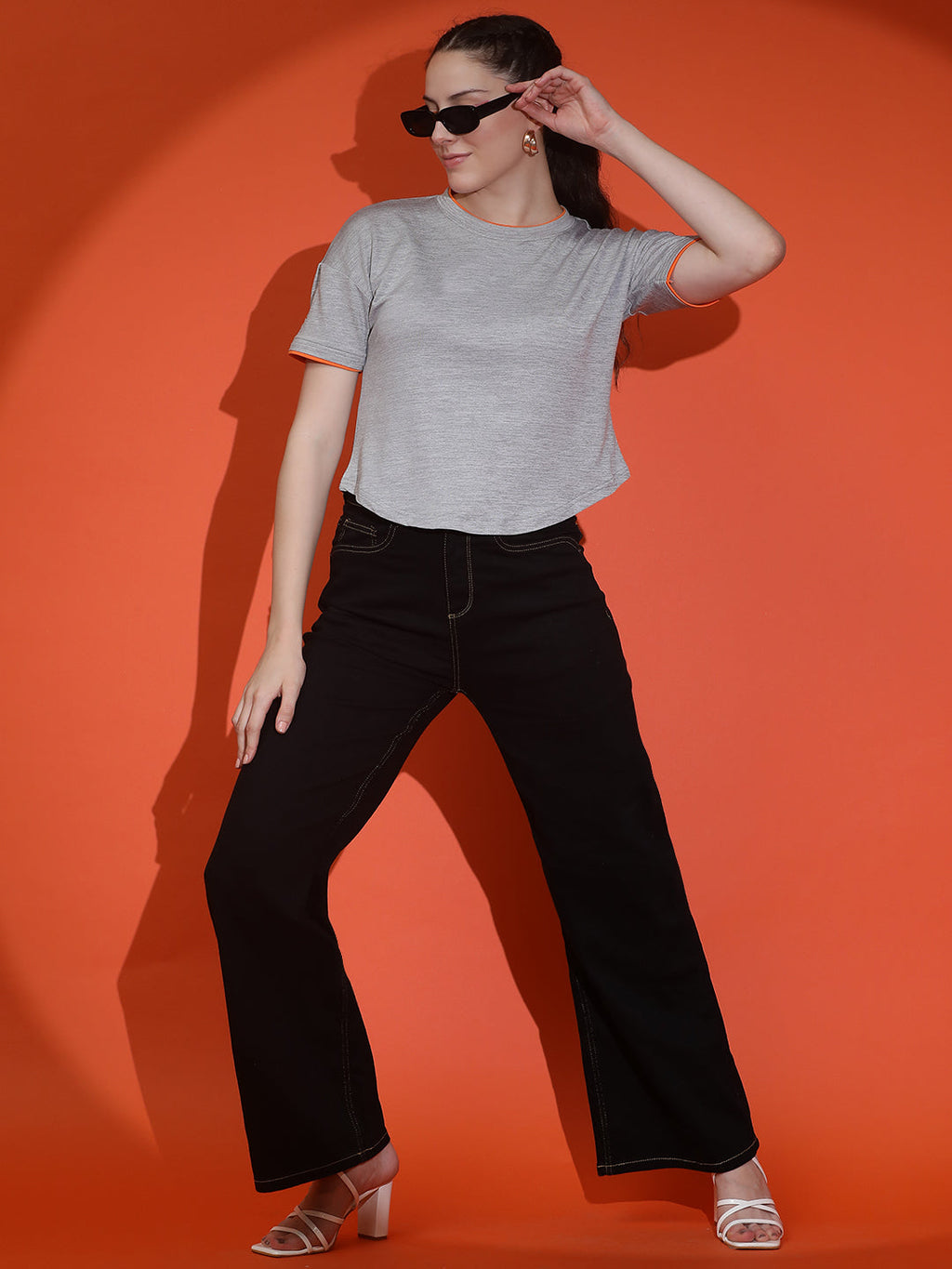 Round Neck Drop Shoulder Crop Top Half Sleeves T-shirt