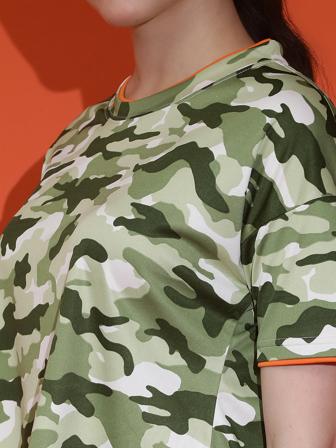 Camouflage Print Round Neck Crop Top Loose Fit T-Shirt