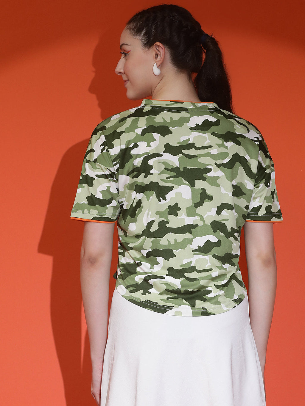 Camouflage Print Round Neck Crop Top Loose Fit T-Shirt