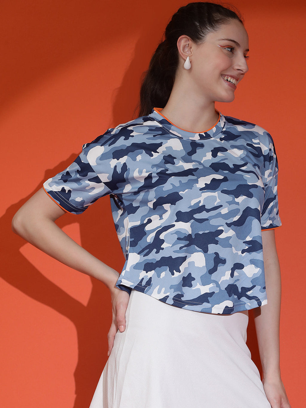 Camouflage Print Round Neck Crop Top Loose Fit T-Shirt