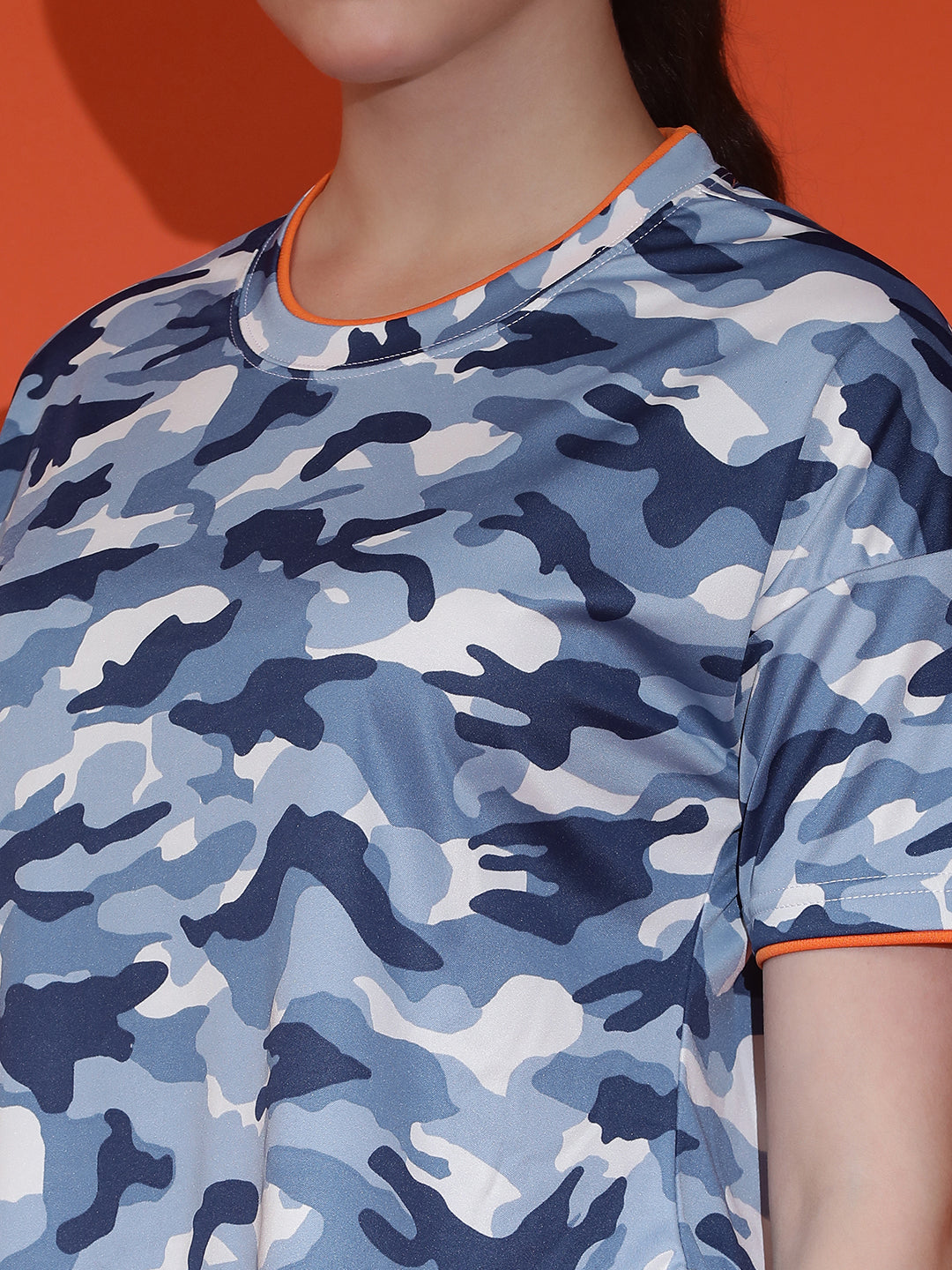 Camouflage Print Round Neck Crop Top Loose Fit T-Shirt