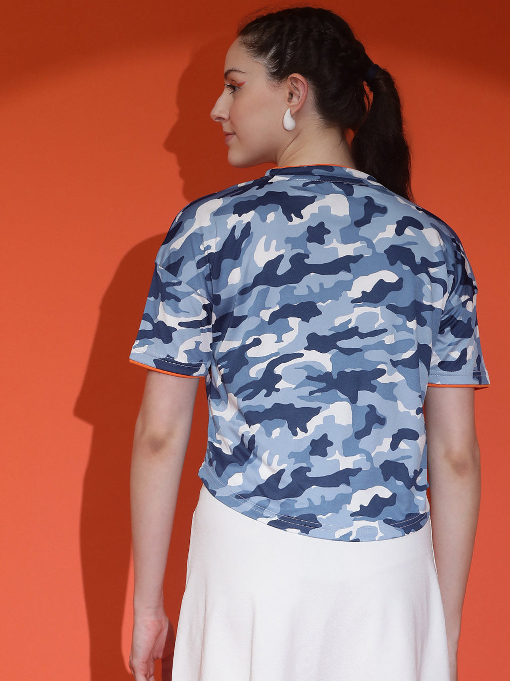 Camouflage Print Round Neck Crop Top Loose Fit T-Shirt