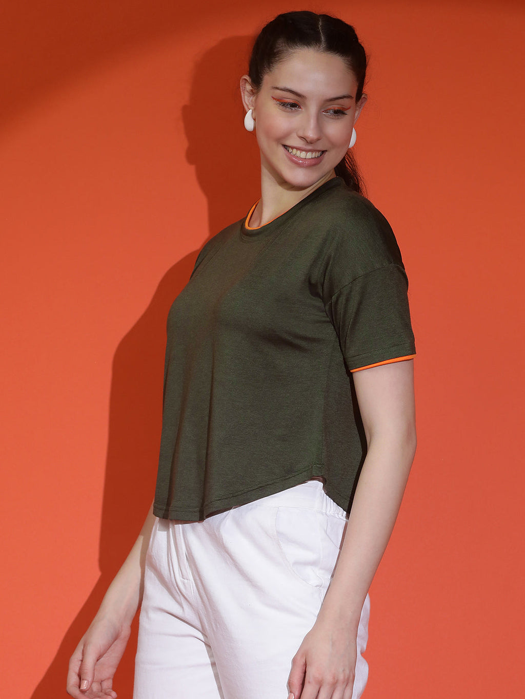 Round Neck Drop Shoulder Crop Top Half Sleeves T-shirt