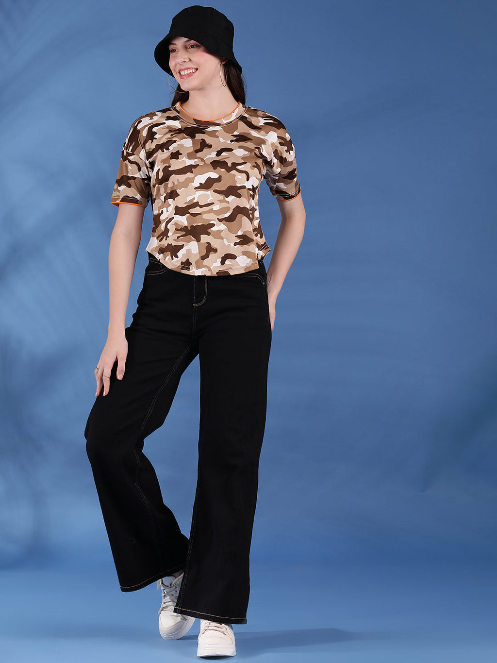 Camouflage Print Round Neck Crop Top Loose Fit T-Shirt