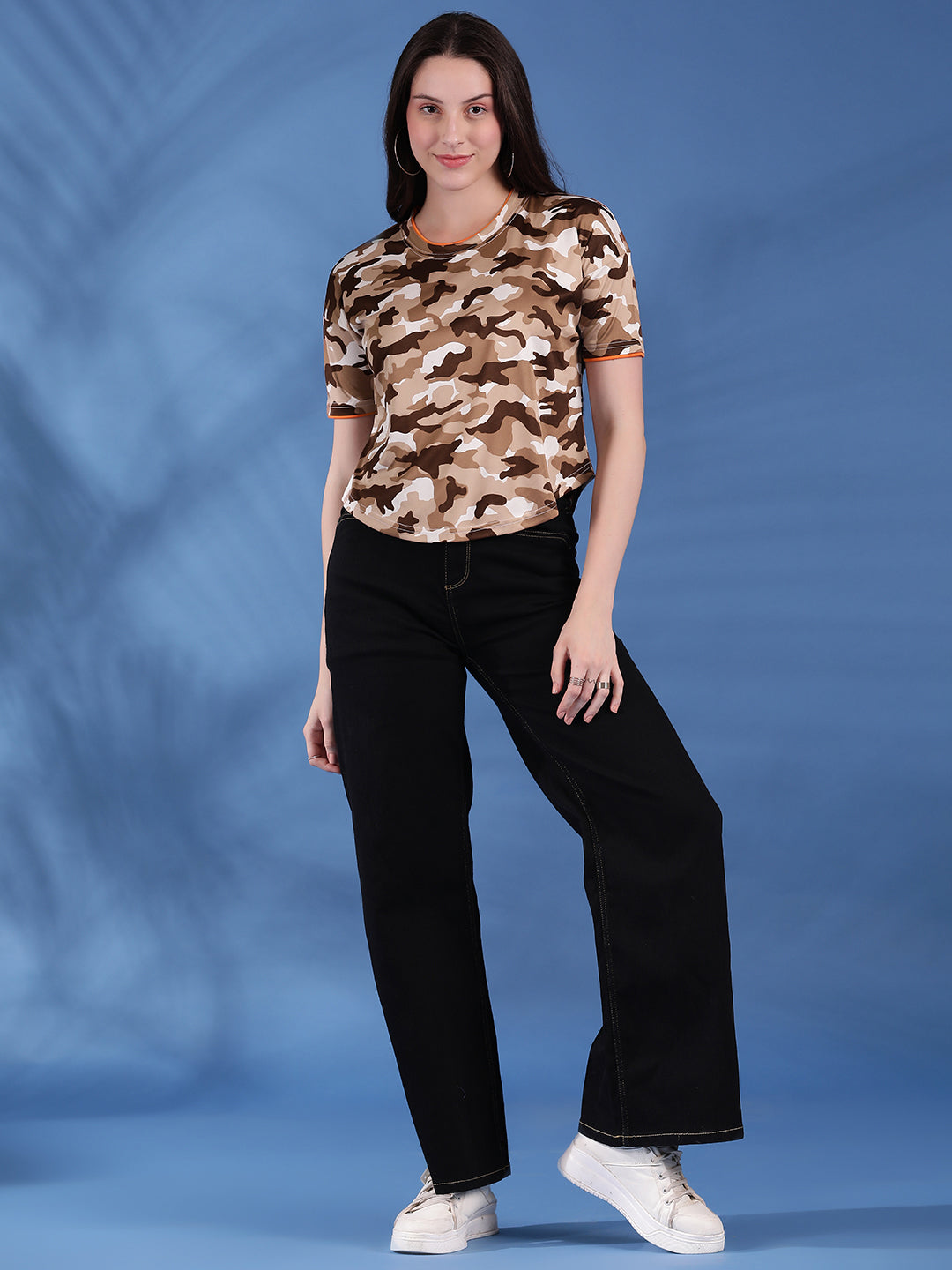 Camouflage Print Round Neck Crop Top Loose Fit T-Shirt
