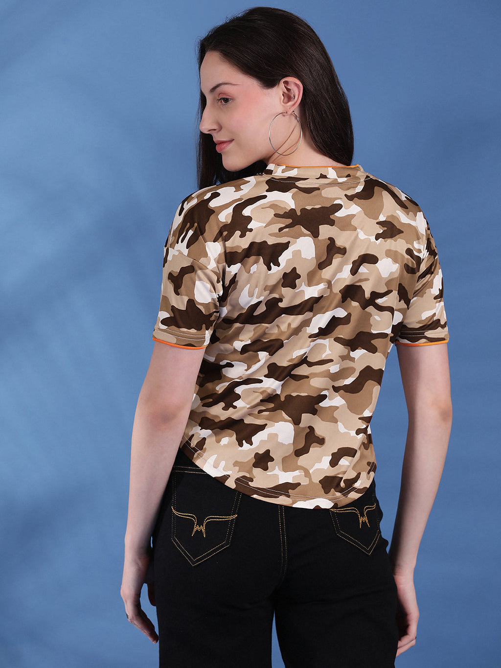 Camouflage Print Round Neck Crop Top Loose Fit T-Shirt
