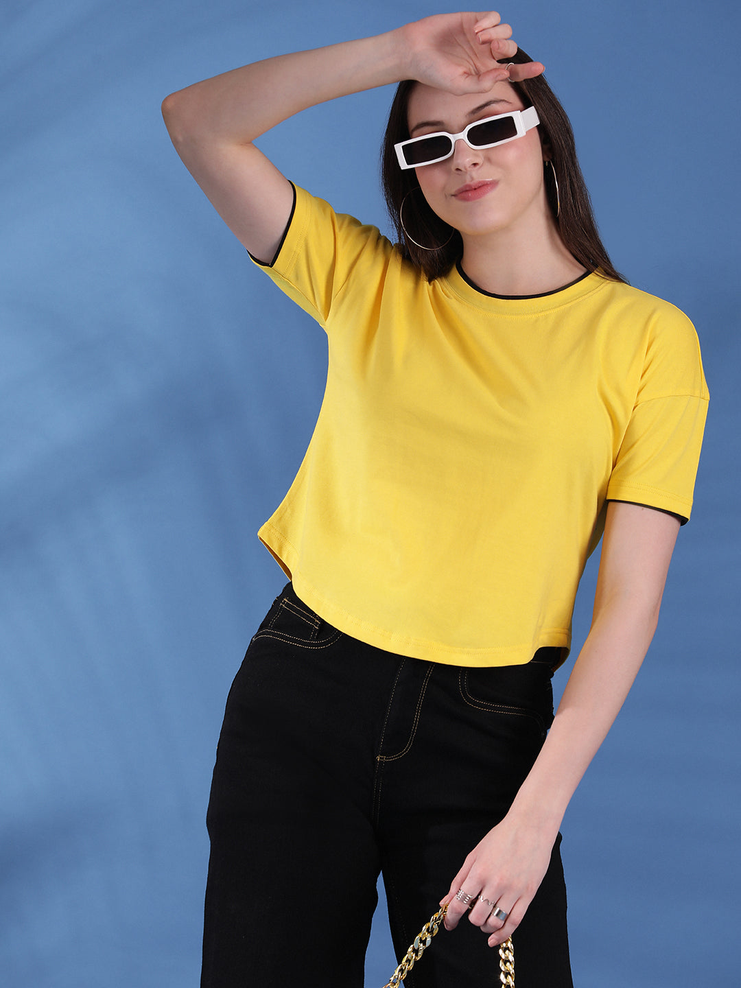 Round Neck Drop Shoulder Crop Top Half Sleeves T-shirt