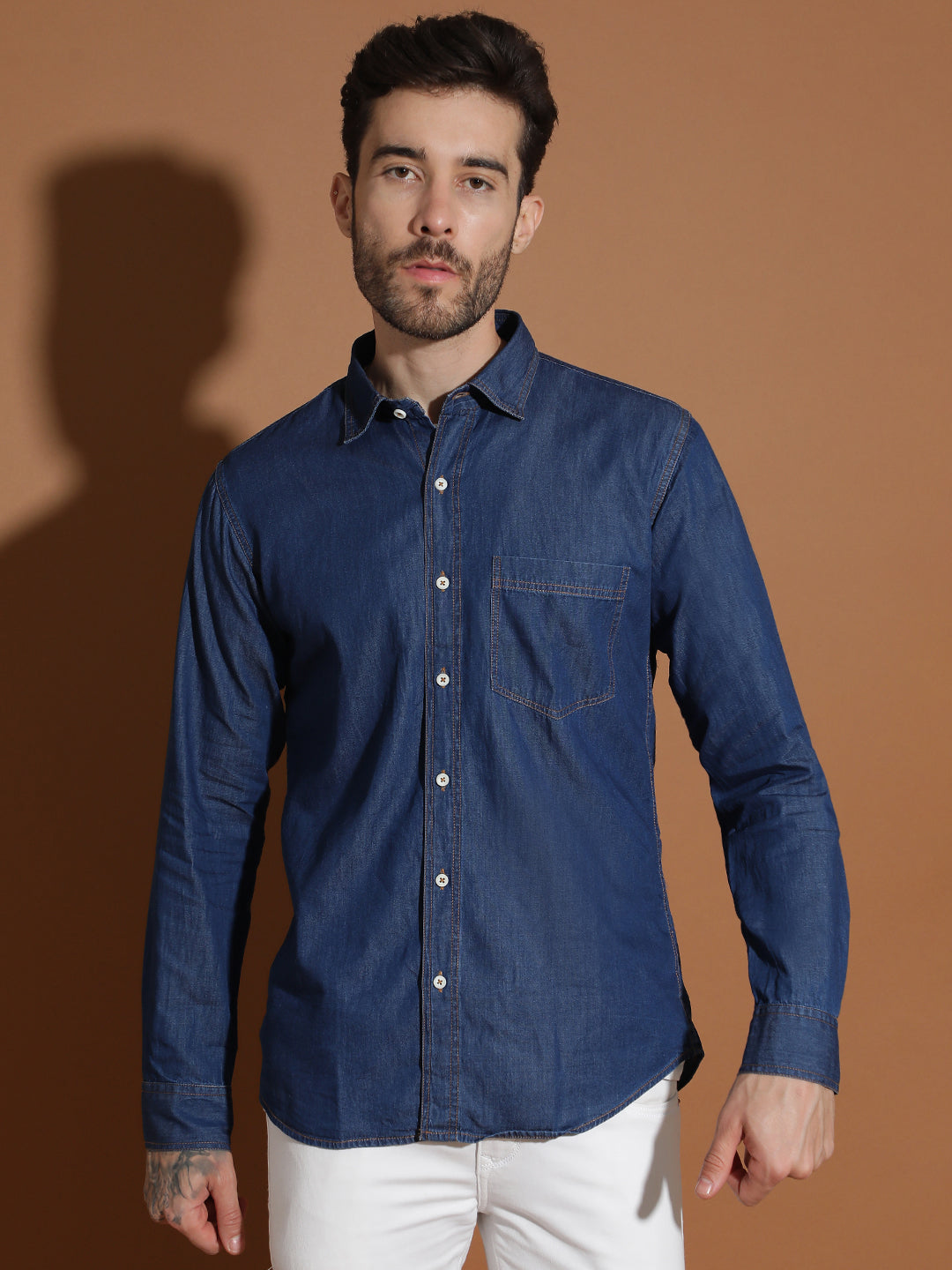 Denim Regular Fit Full Sleeve Cutaway Collar Casual Shirt