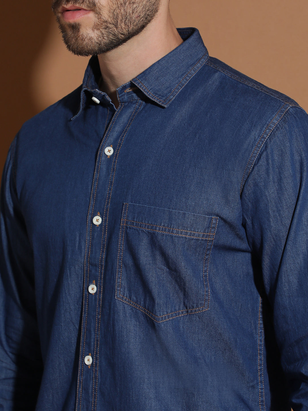 Denim Regular Fit Full Sleeve Cutaway Collar Casual Shirt