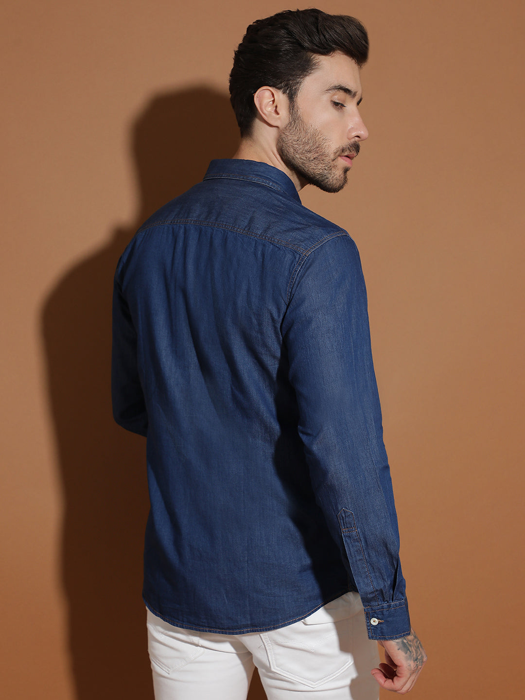 Denim Regular Fit Full Sleeve Cutaway Collar Casual Shirt
