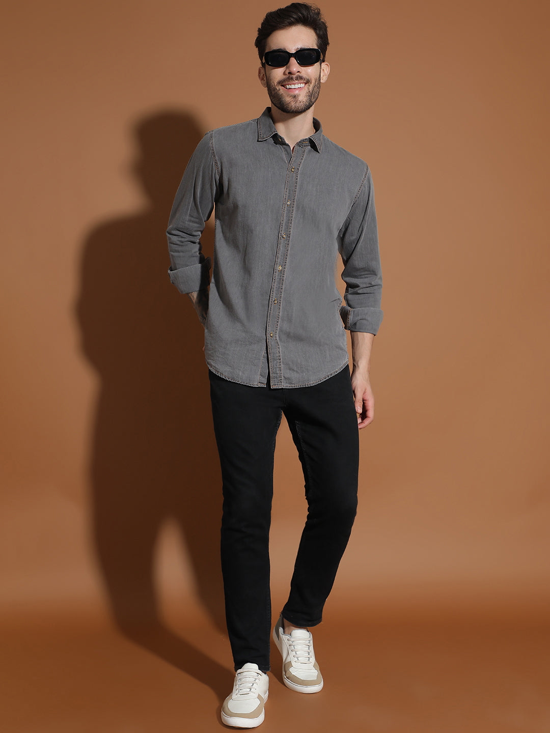 Denim Regular Fit Full Sleeve Cutaway Collar Casual Shirt