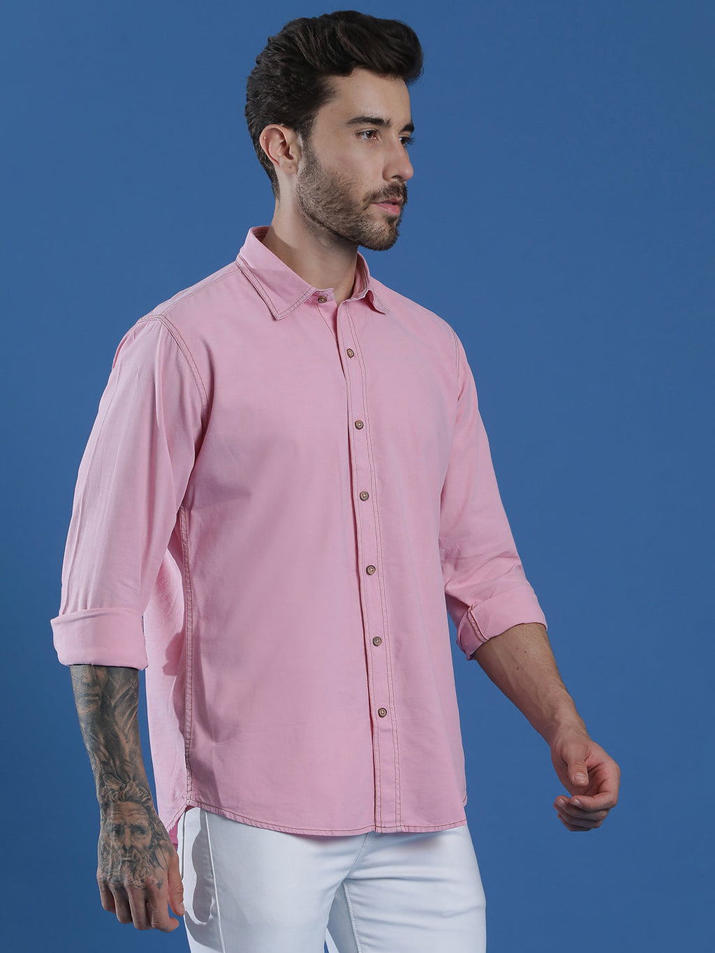 Denim Regular Fit Full Sleeve Cutaway Collar Casual Shirt