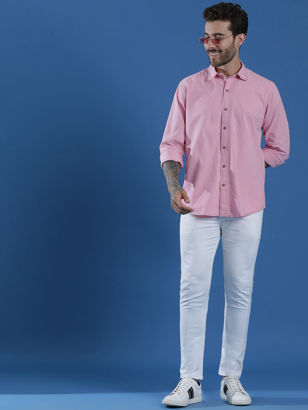 Denim Regular Fit Full Sleeve Cutaway Collar Casual Shirt