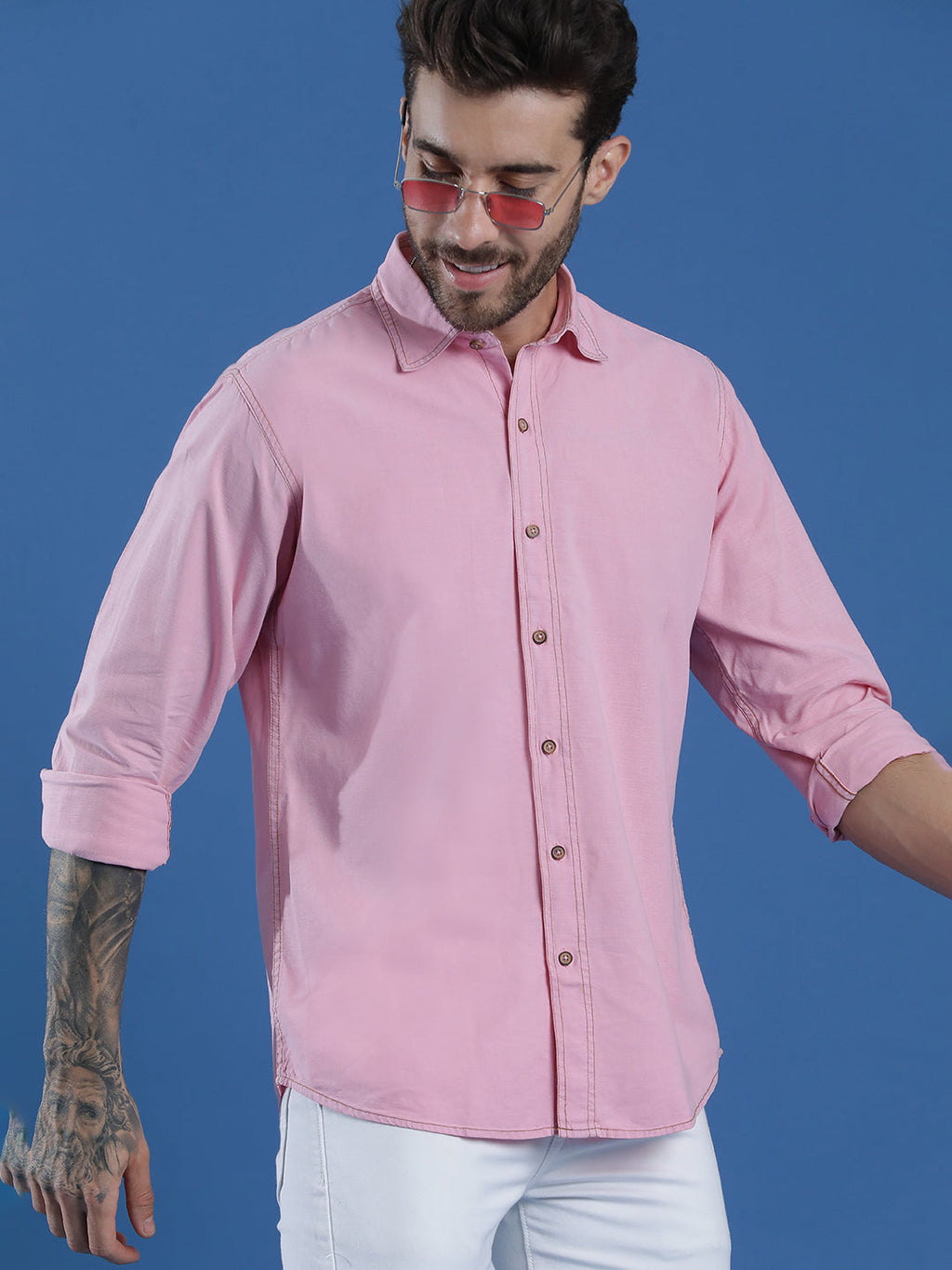 Denim Regular Fit Full Sleeve Cutaway Collar Casual Shirt