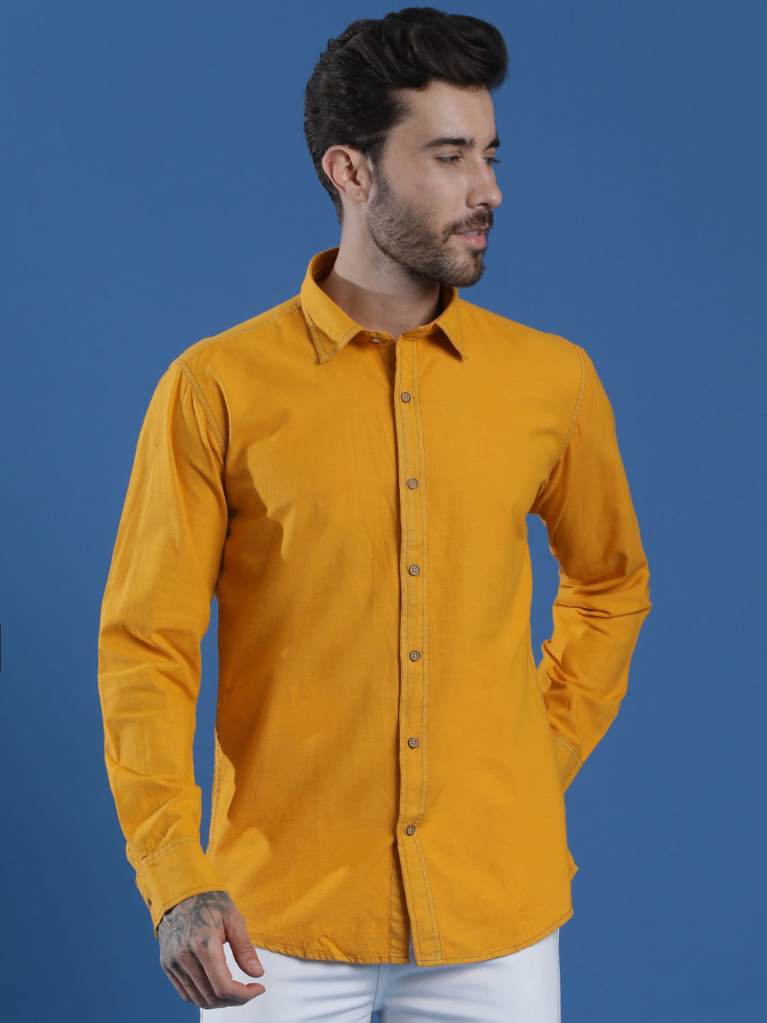Denim Regular Fit Full Sleeve Cutaway Collar Casual Shirt