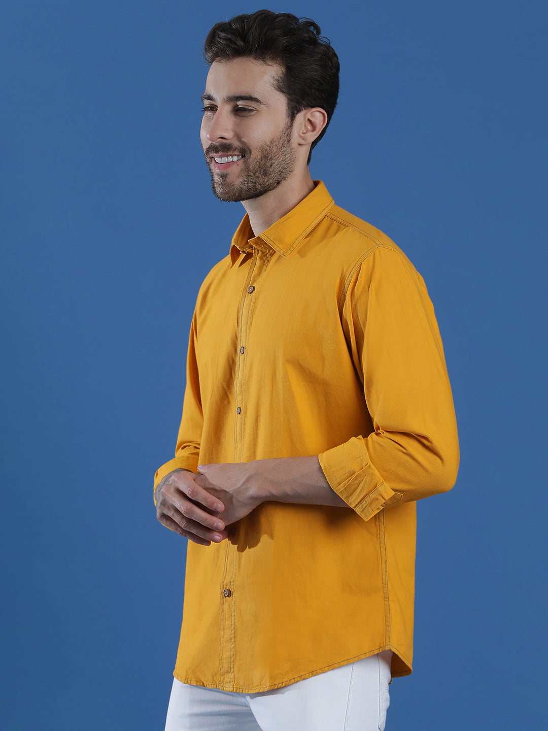 Denim Regular Fit Full Sleeve Cutaway Collar Casual Shirt