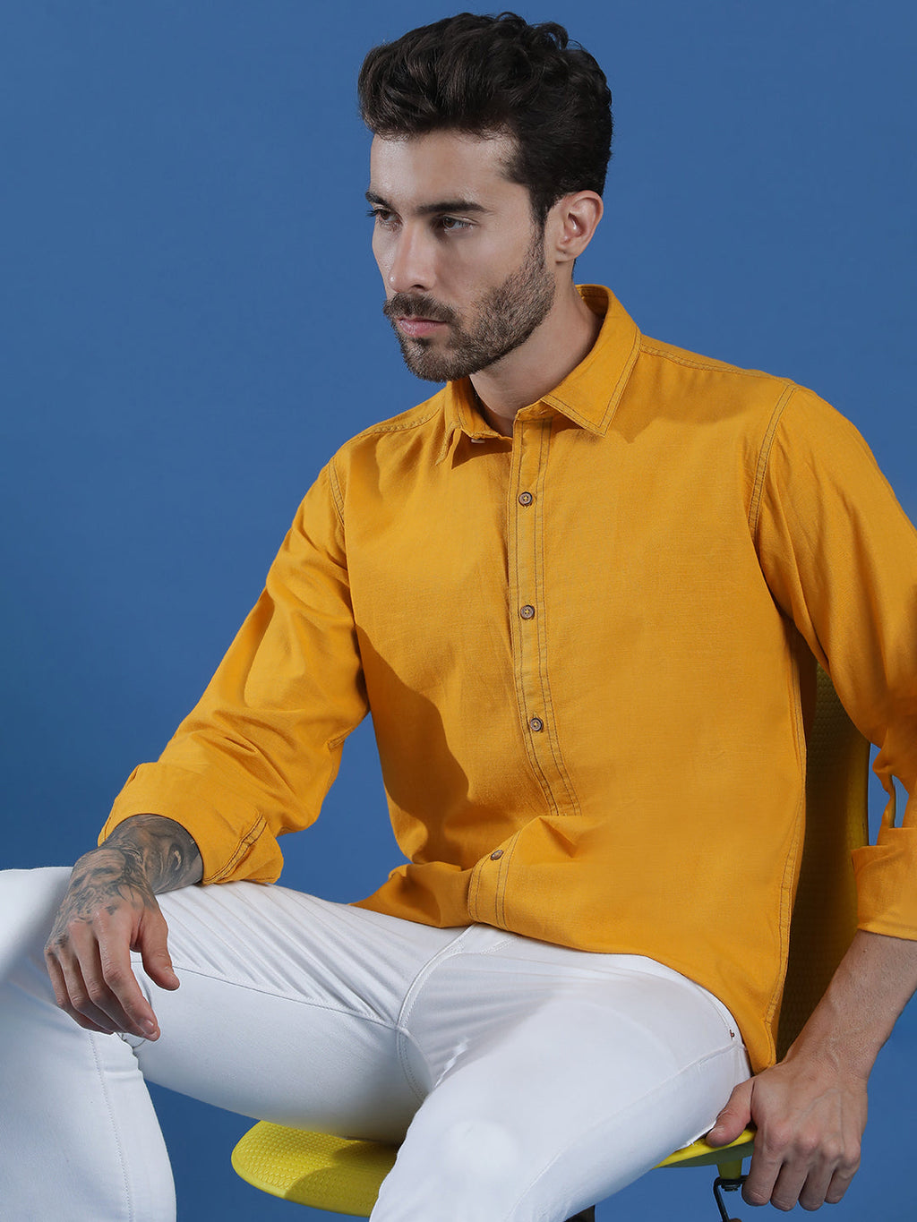 Denim Regular Fit Full Sleeve Cutaway Collar Casual Shirt