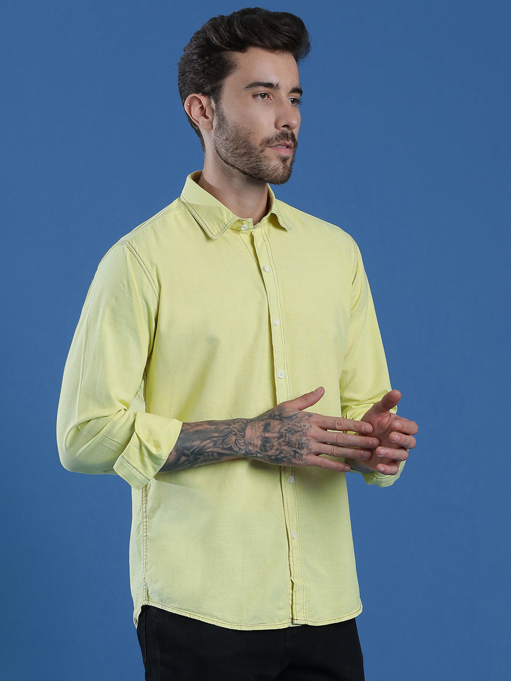 Denim Regular Fit Full Sleeve Cutaway Collar Casual Shirt