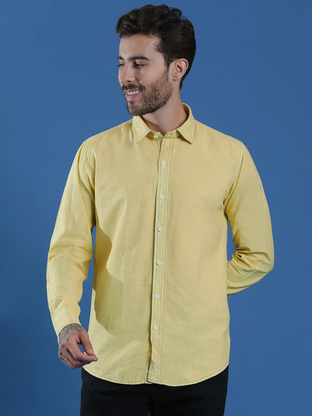 Denim Regular Fit Full Sleeve Cutaway Collar Casual Shirt