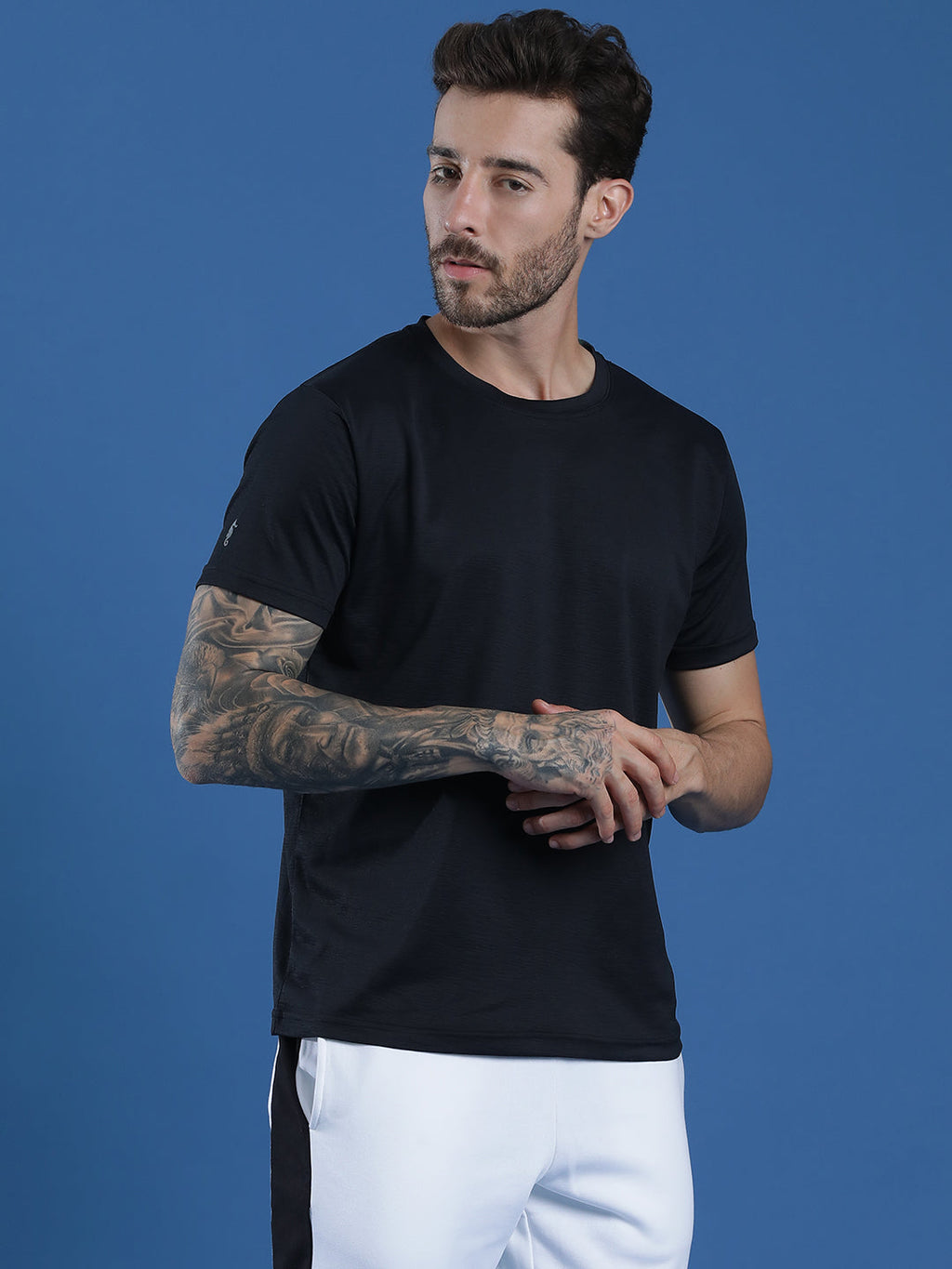 Polyester Lycra Jacquard Textured Round Neck Slim Fit Half Sleeve T-Shirt