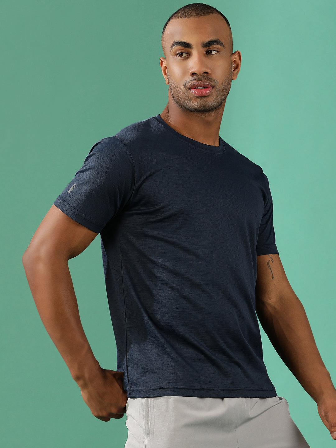 Polyester Lycra Jacquard Textured Round Neck Slim Fit Half Sleeve T-Shirt