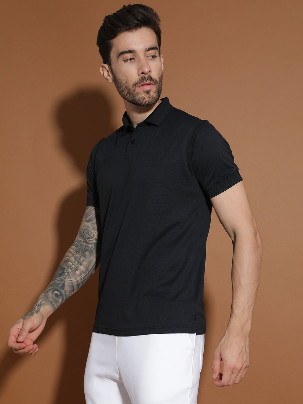 Dryfit Micro Polyester Textured Polo Neck Slim Fit Half Sleeve T-Shirt