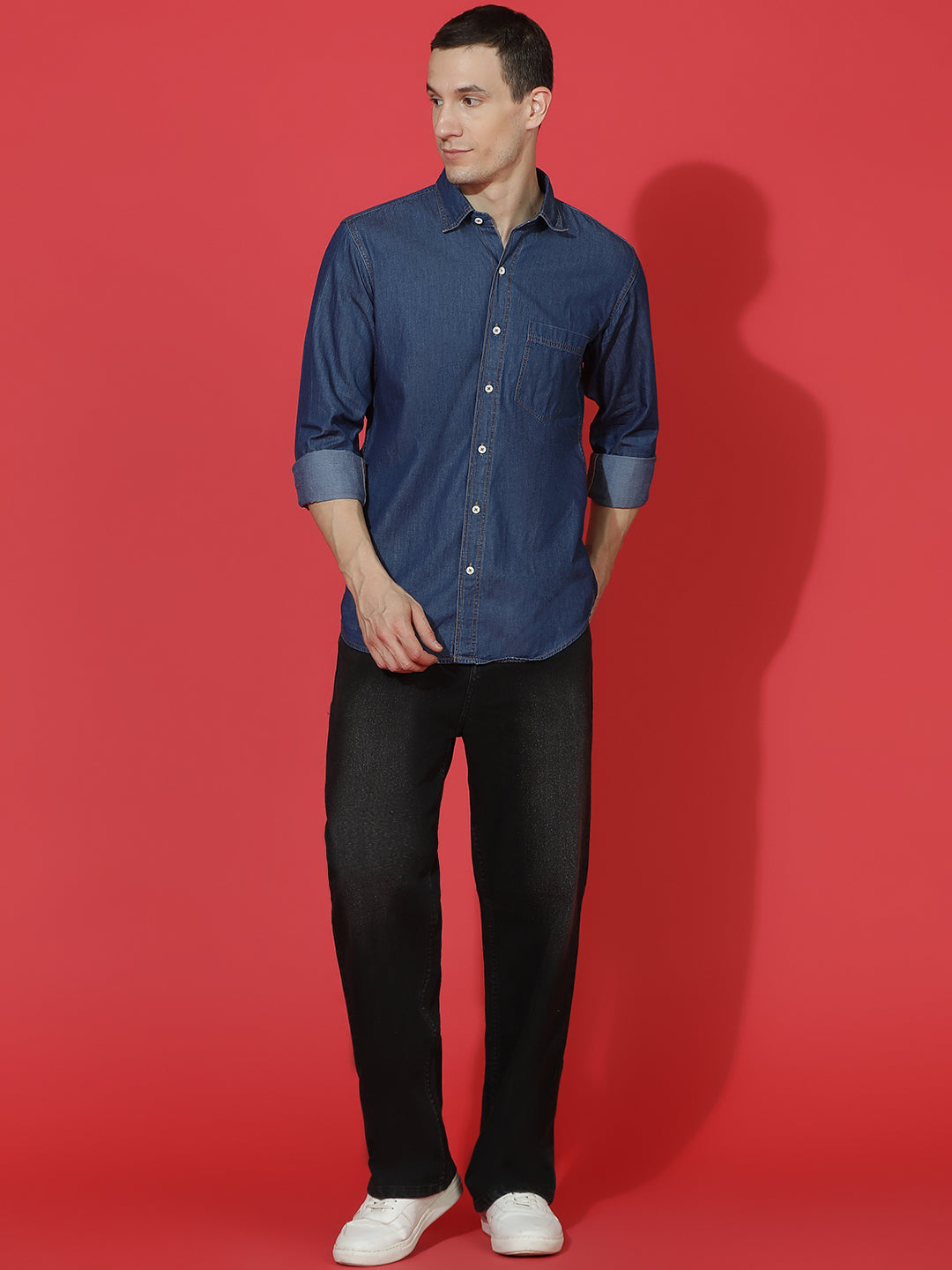 Denim Regular Fit Full Sleeve Cutaway Collar Casual Shirt