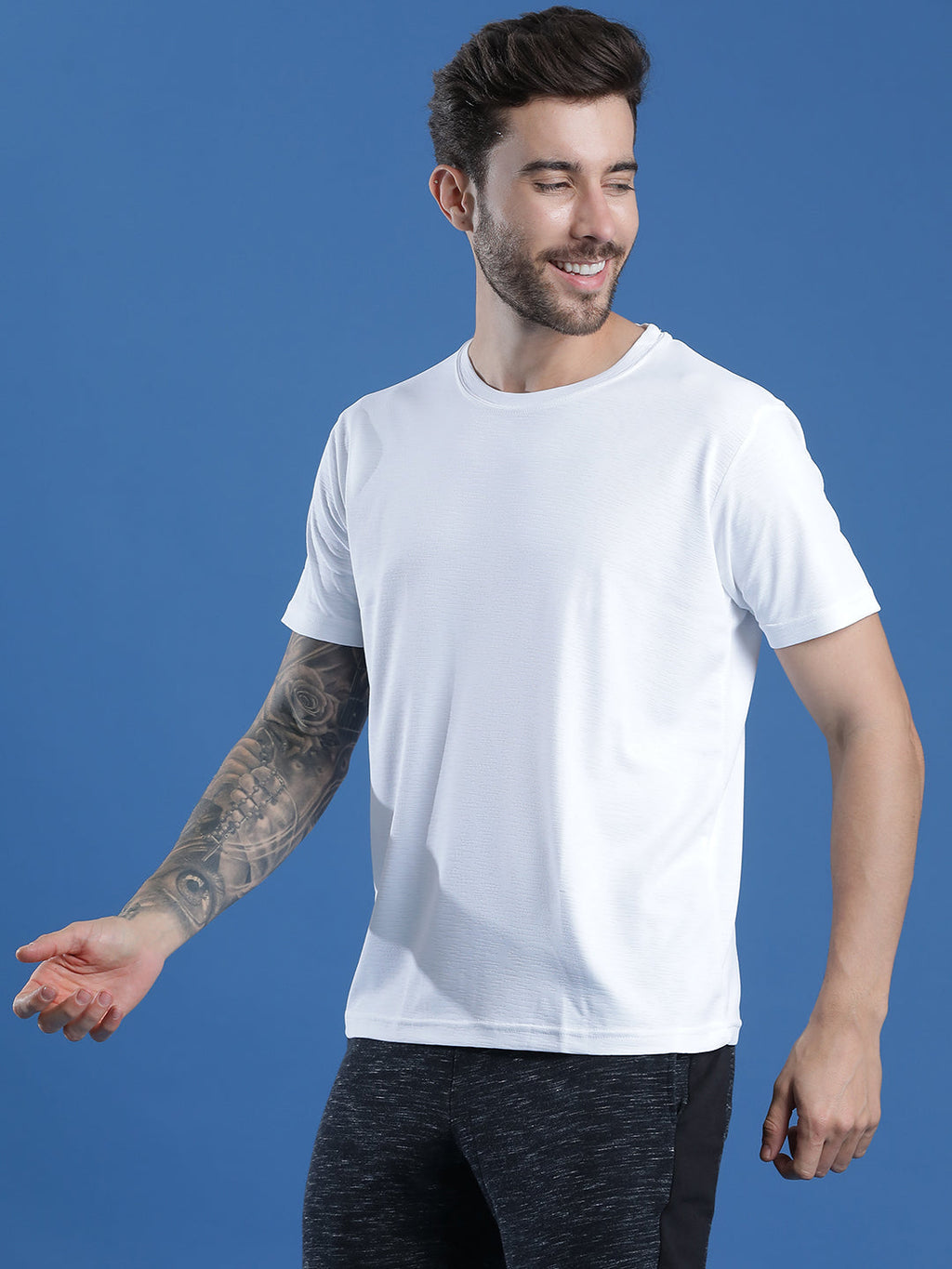 Polyester Lycra Jacquard Textured Round Neck Slim Fit Half Sleeve T-Shirt