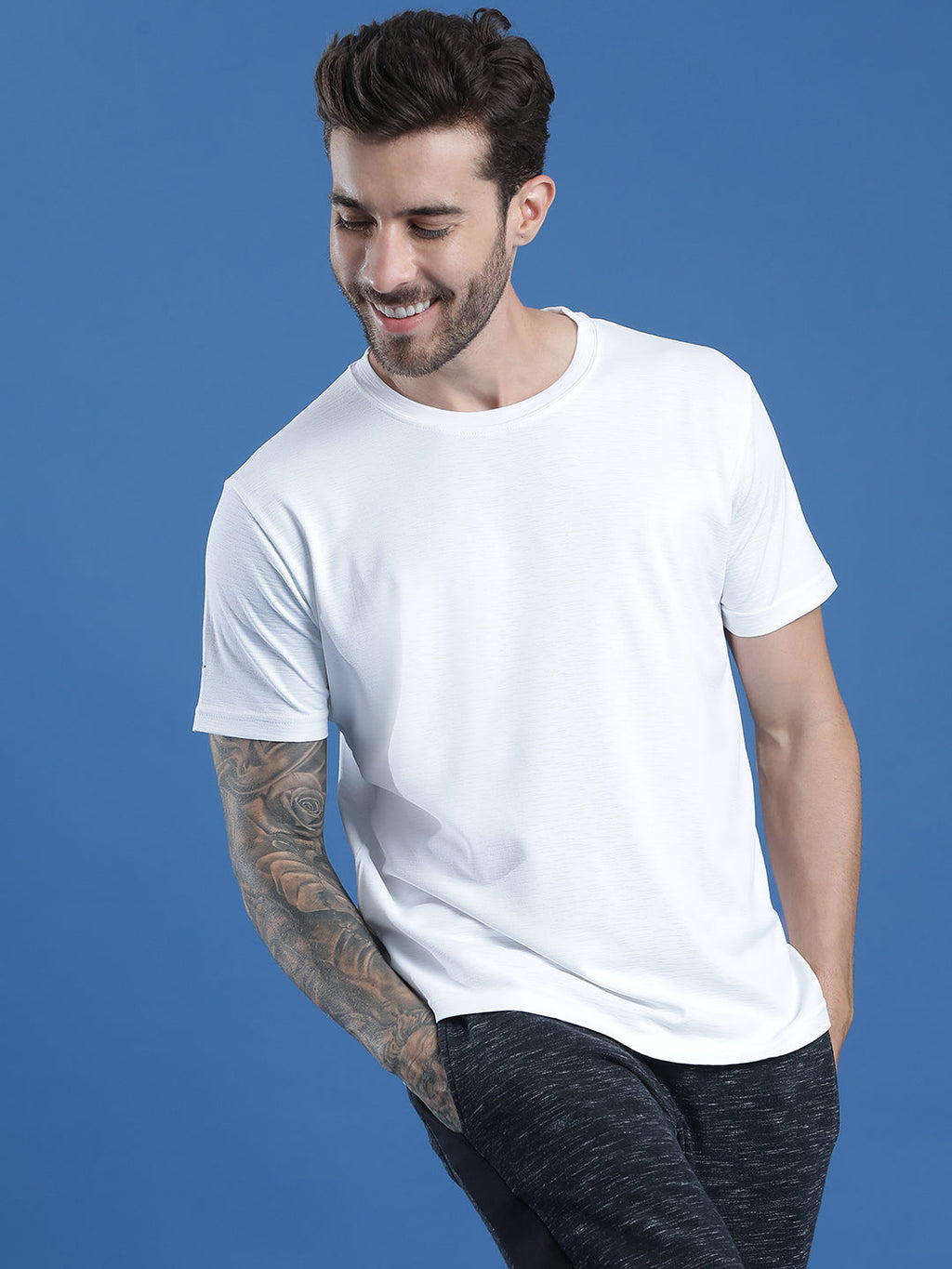 Polyester Lycra Jacquard Textured Round Neck Slim Fit Half Sleeve T-Shirt