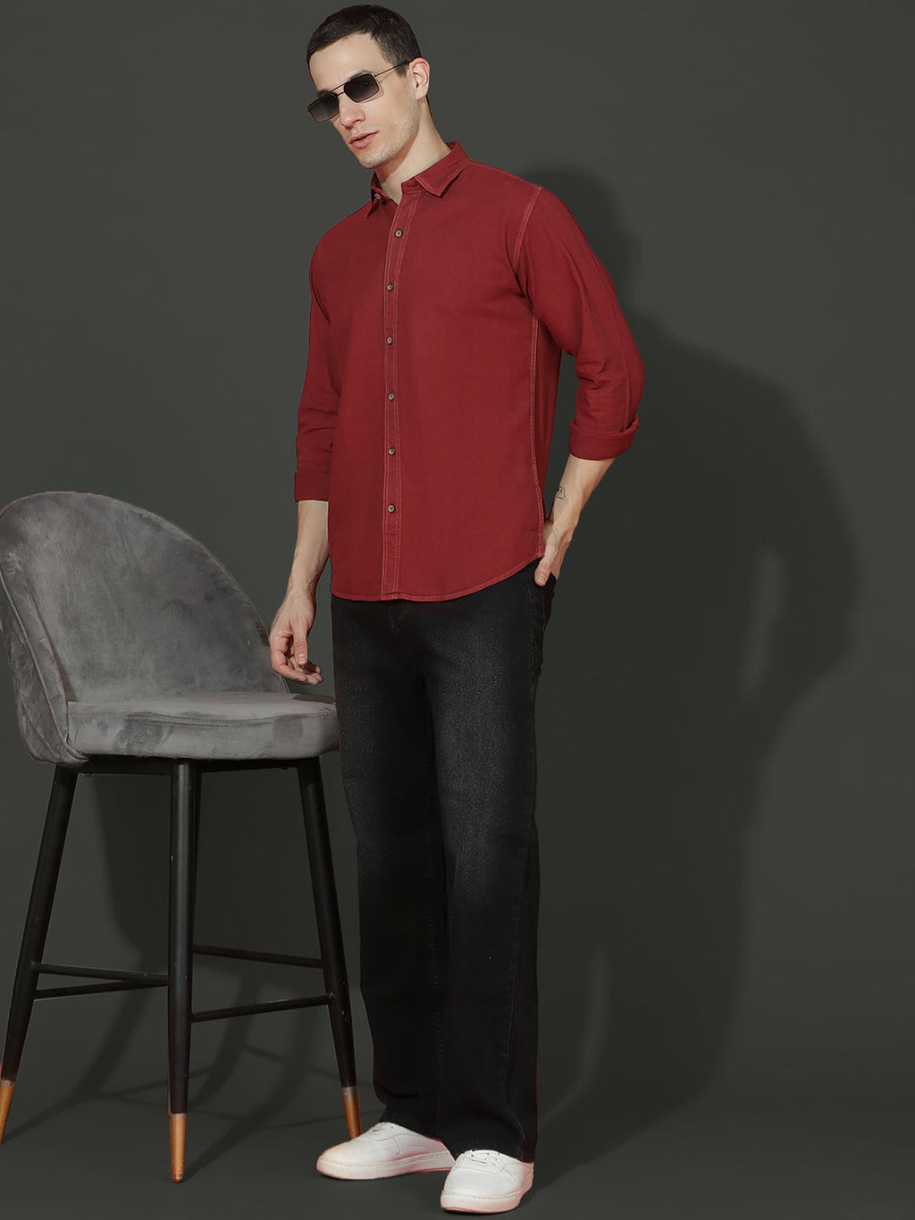 Denim Regular Fit Full Sleeve Cutaway Collar Casual Shirt