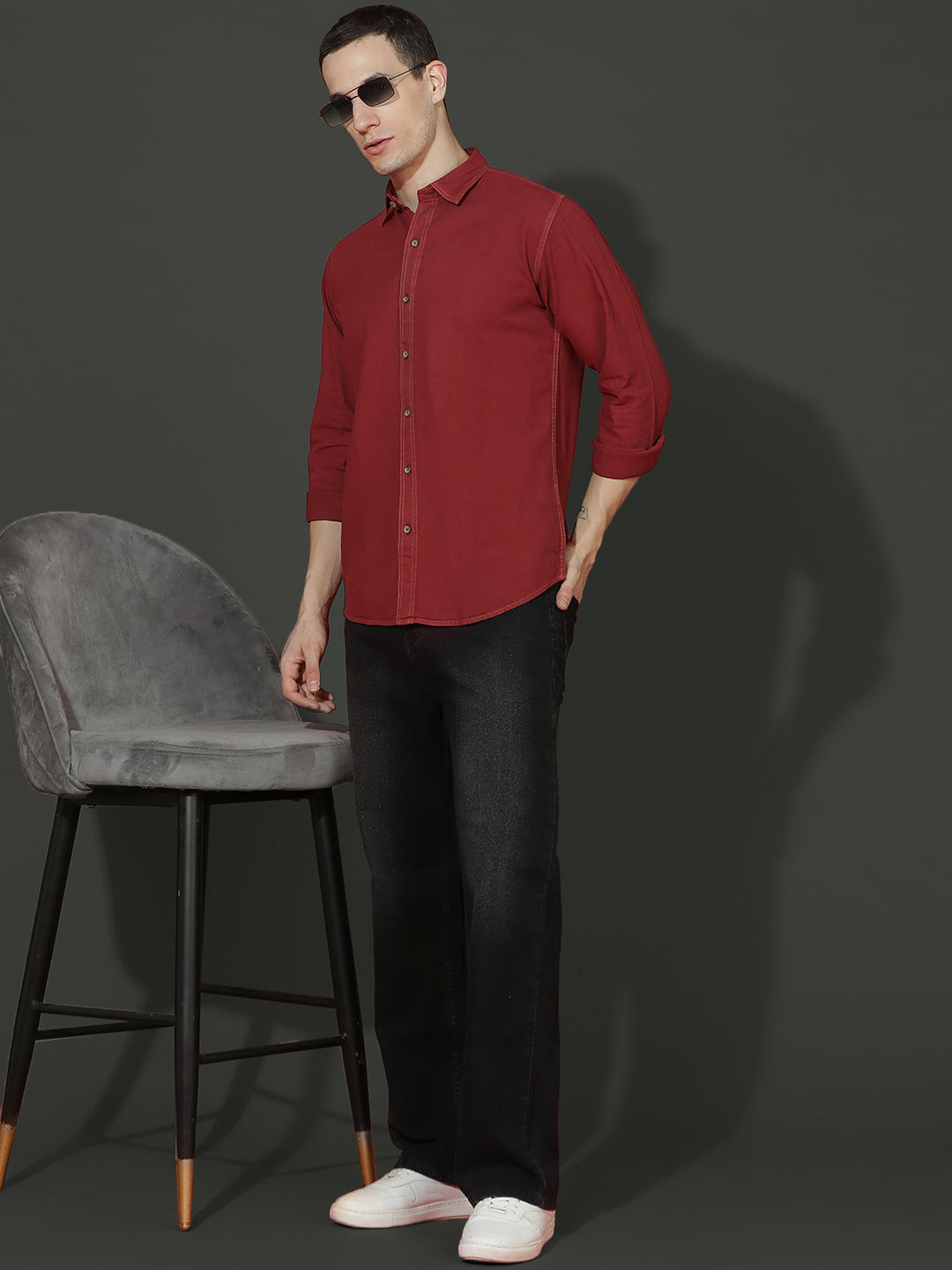 Denim Regular Fit Full Sleeve Cutaway Collar Casual Shirt
